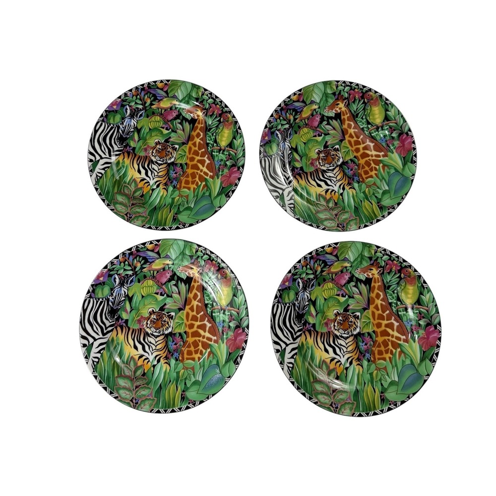 Sakura Magic Jungle Plates Set of 4 Sue Zipkin Tiger Giraffe Zebra Porcelain 8"
